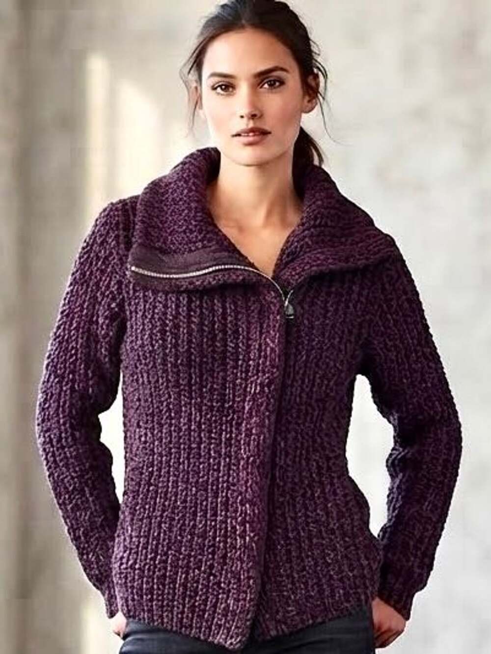 Gap Purple Black Chunky Knit Asymmetrical Full Zip Sweater Jacket Large
